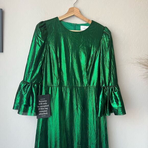 NEW Tuckernuck Dress Emerald Green Lillith Lurex Crinkle Midi Dress Size M‎ - Picture 3 of 10